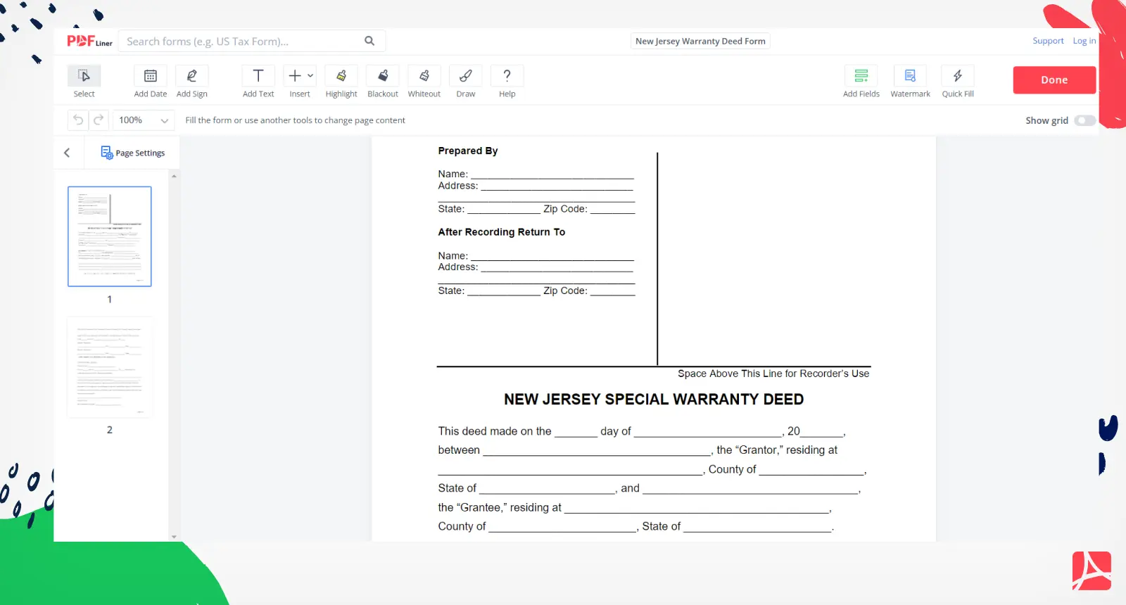 New Jersey Warranty Deed Form Screenshot