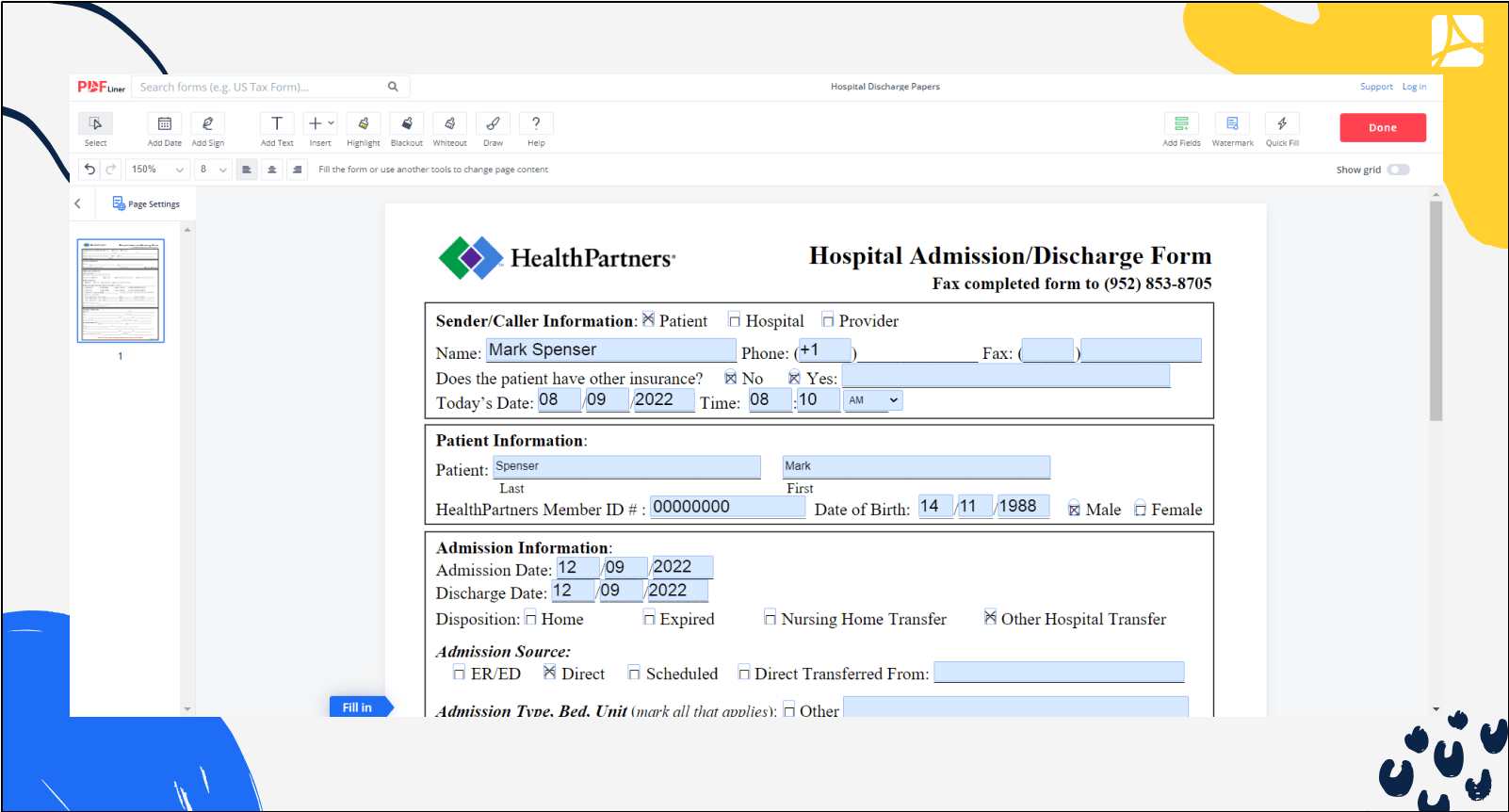 Hospital Discharge Form Filled on PDFLiner