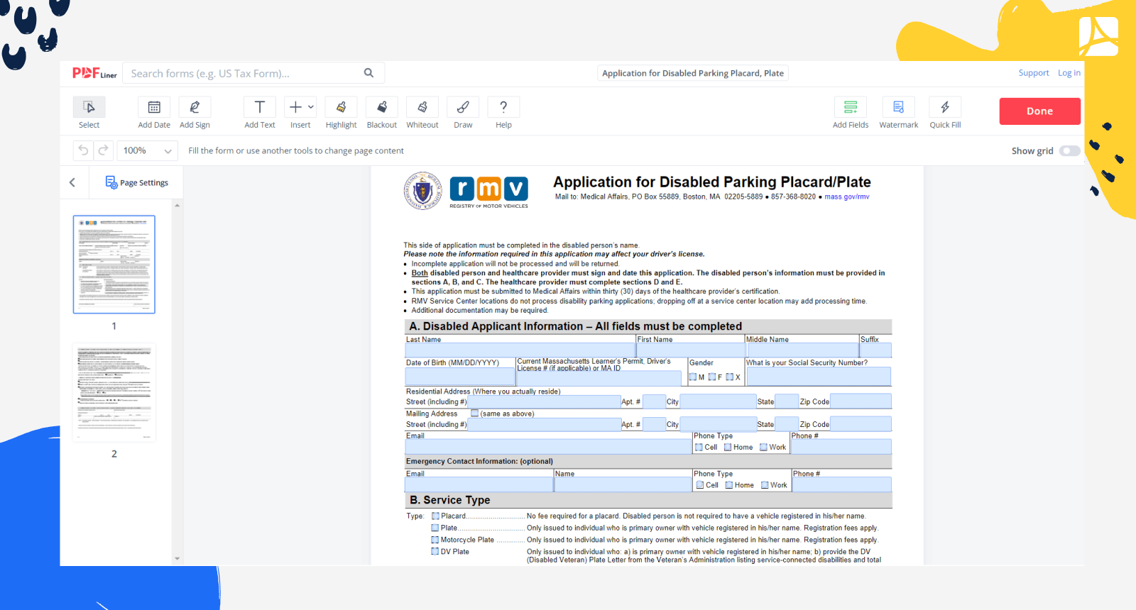Application for Disabled Parking Placard Form Screenshot