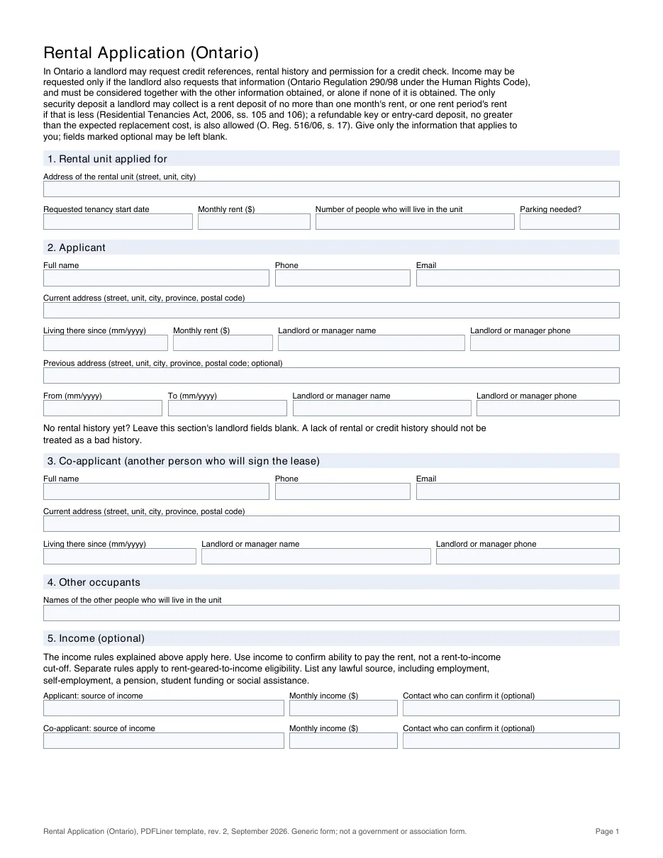 Ontario rental application template, page 1 (PDFLiner)