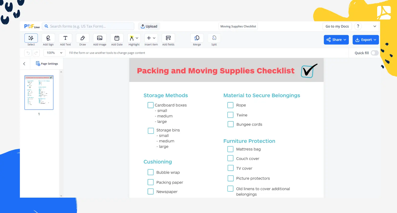 Moving Supplies Checklist Form Screenshot