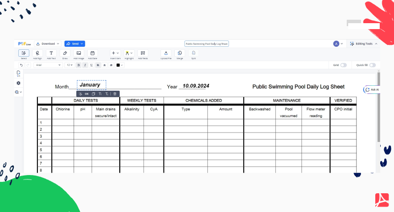 Public Swimming Pool Daily Log Sheet screenshot