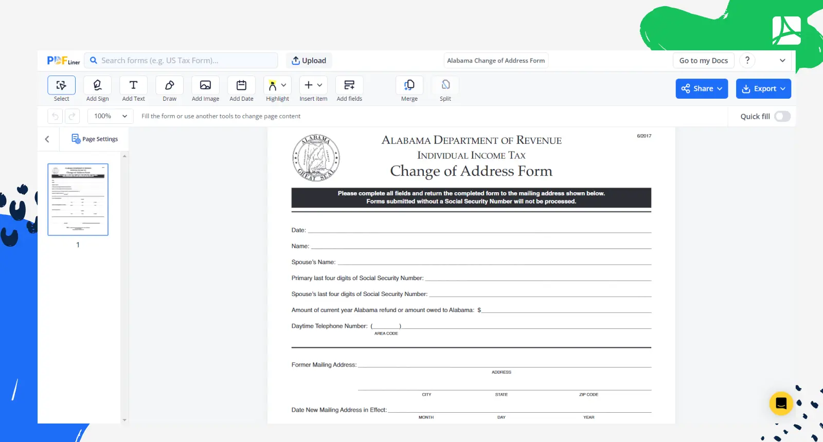 Alabama Change of Address Form Screenshot