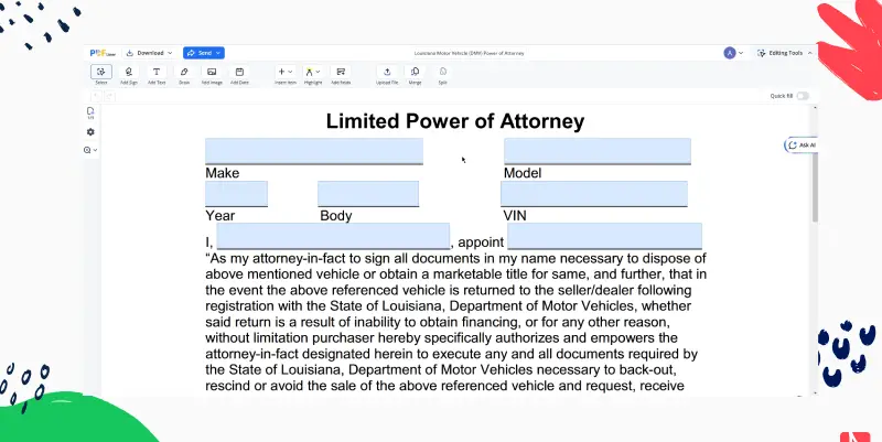 Louisiana Motor Vehicle (DMV) Power of Attorney