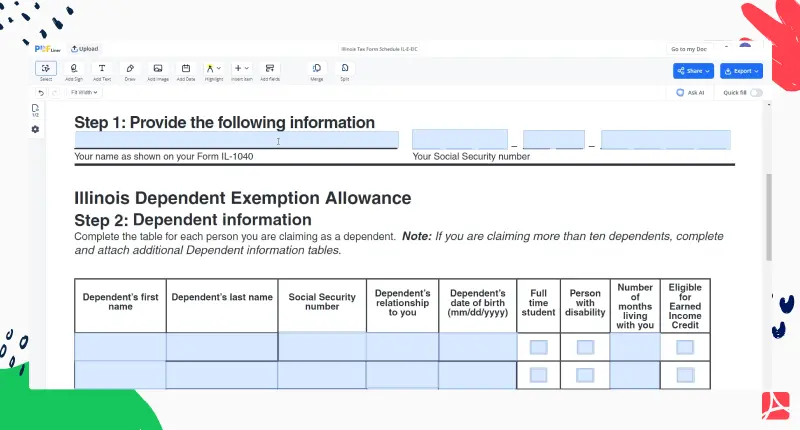 Illinois Tax Form Schedule IL-E-EIC PDFLiner screenshot 