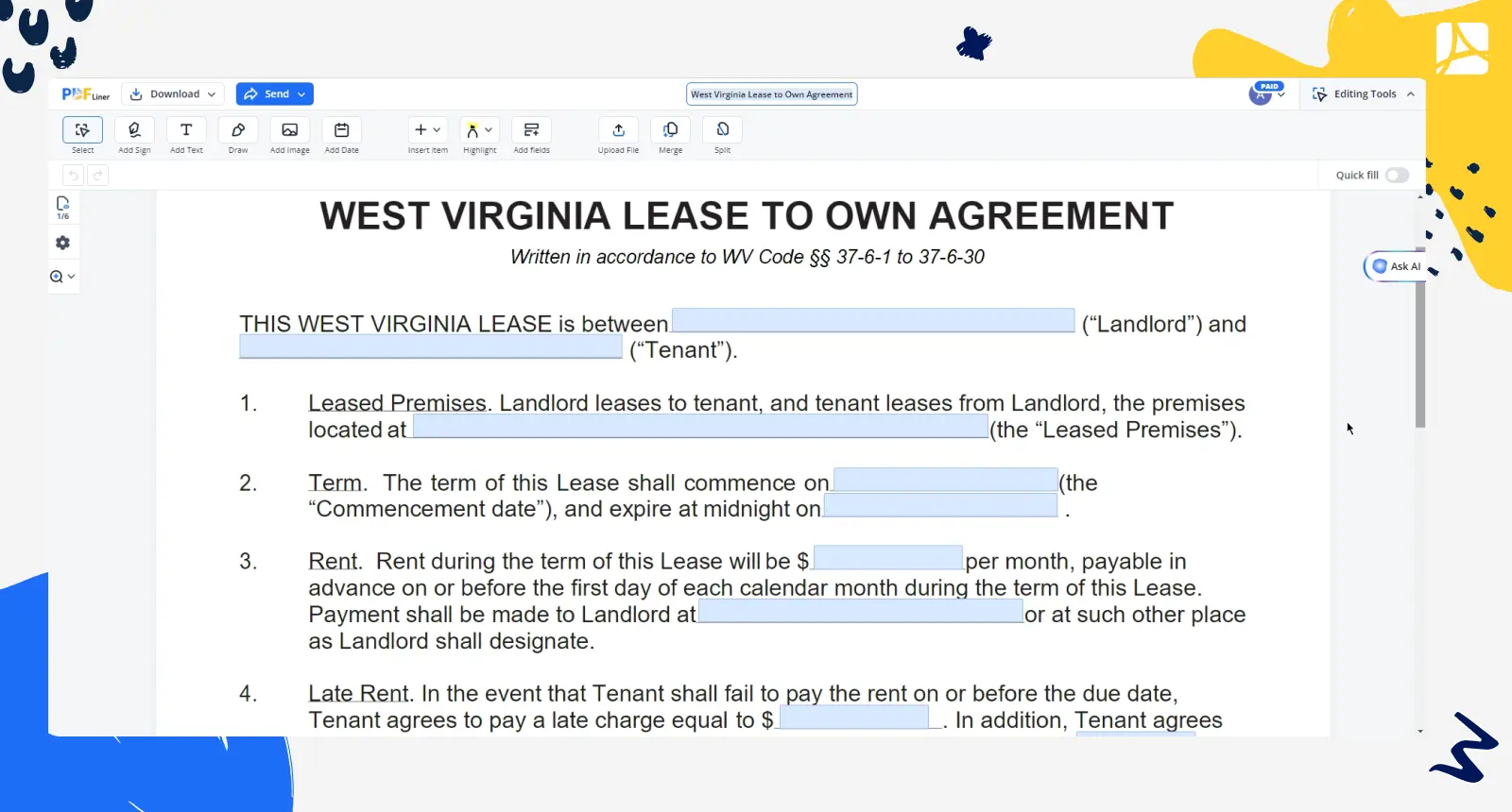 West Virginia Lease to Own Agreement PDFLiner screenshot