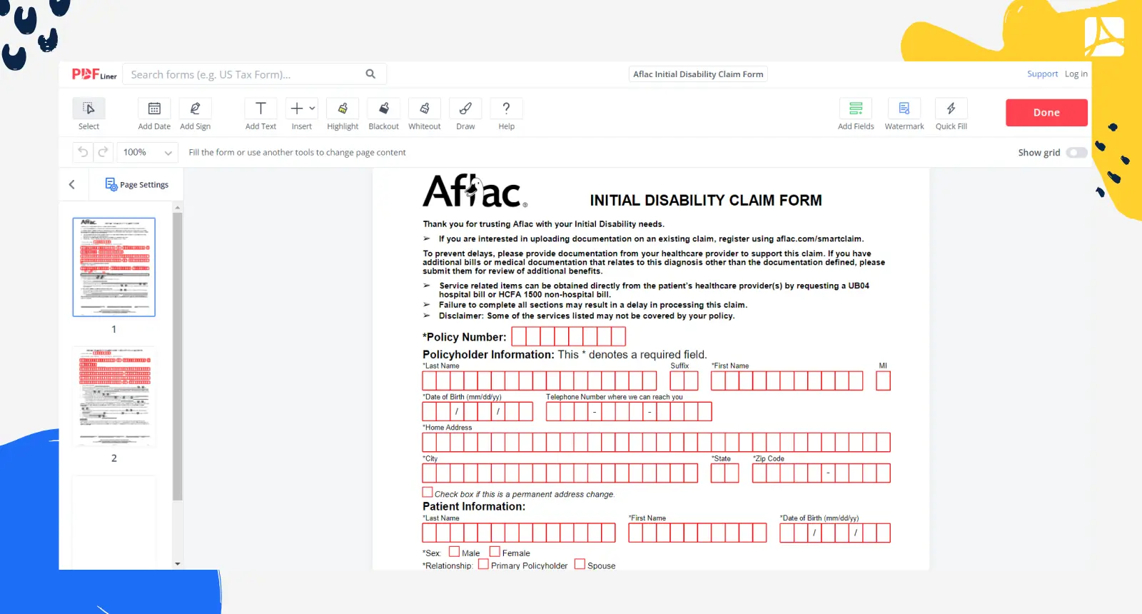 Aflac Initial Disability Claim Form Screenshot