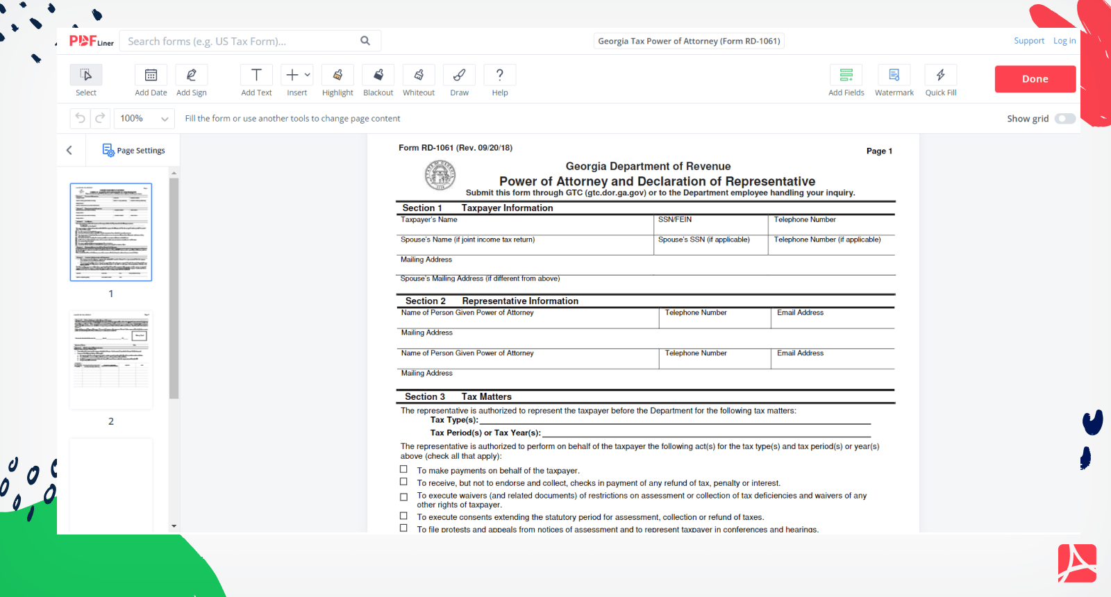 Georgia Tax Power of Attorney Form Screenshot
