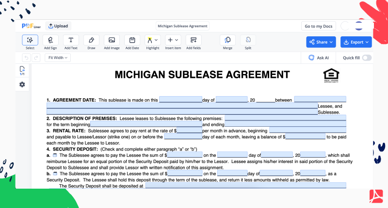 Michigan Sublease Agreement 2023-2024 PDFLiner screenshot