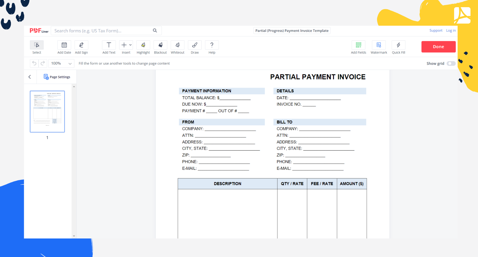 Partial (Progress) Payment Invoice Template Form Screenshot