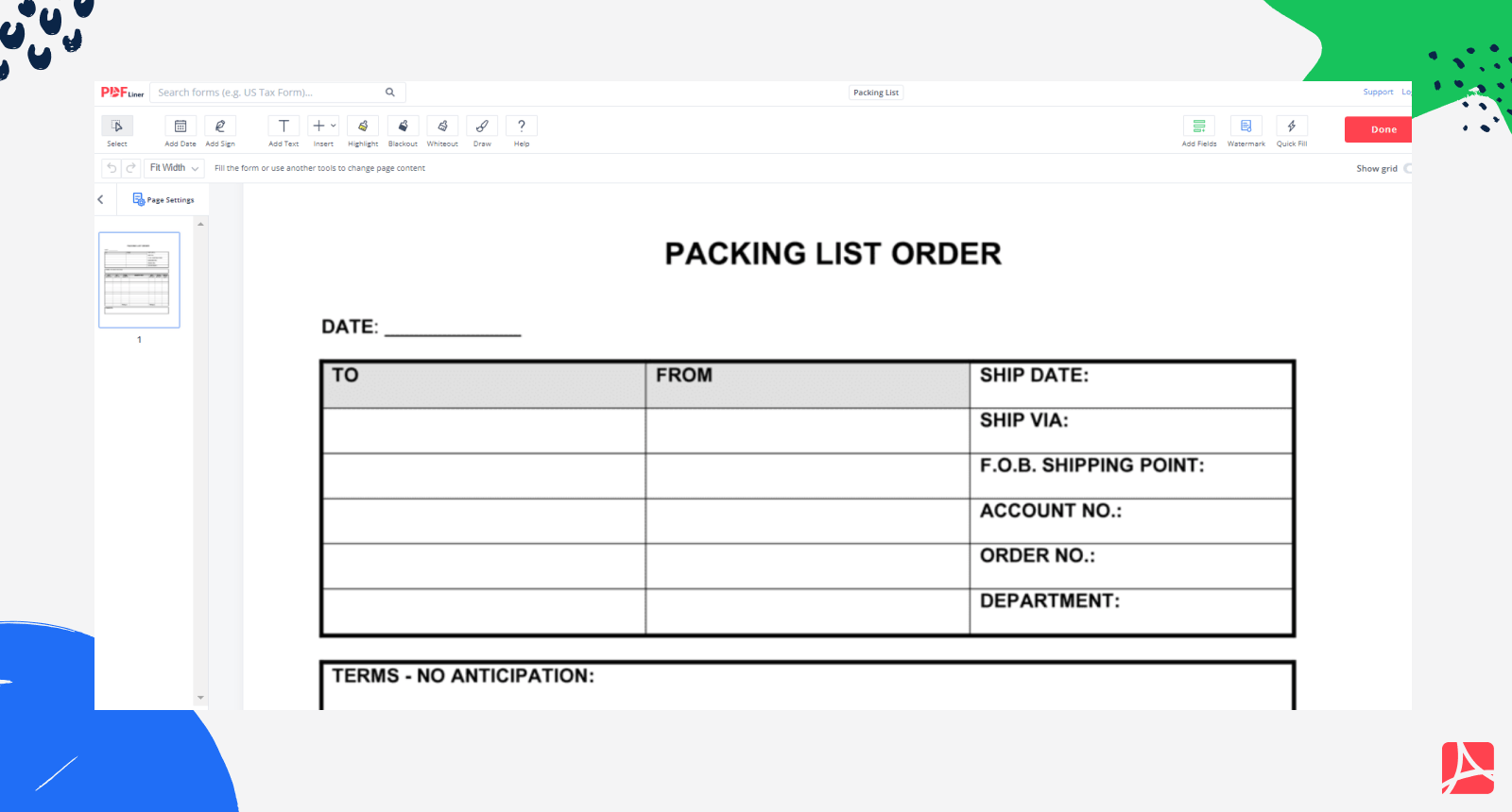 Packing List on PDFLiner