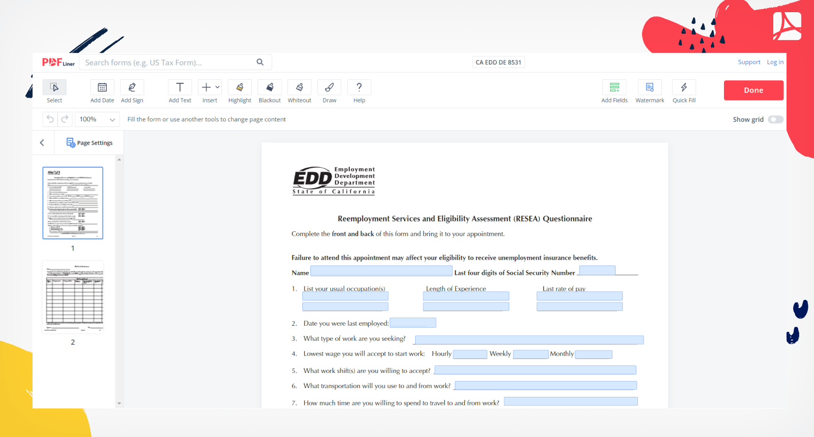 CA EDD DE 8531 Form Screenshot