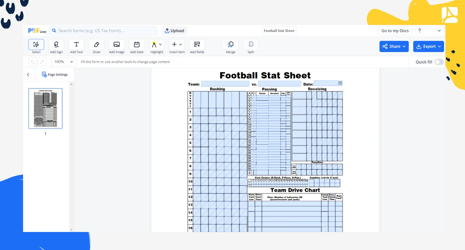 Fillable Football Stat Sheet Blank Sign Forms Online PDFliner