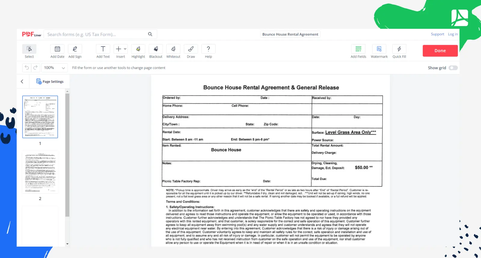 Bounce House Rental Agreement Form Screenshot