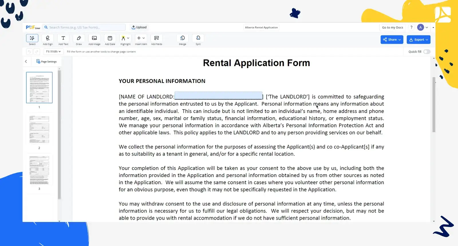 Alberta Rental Application screenshot