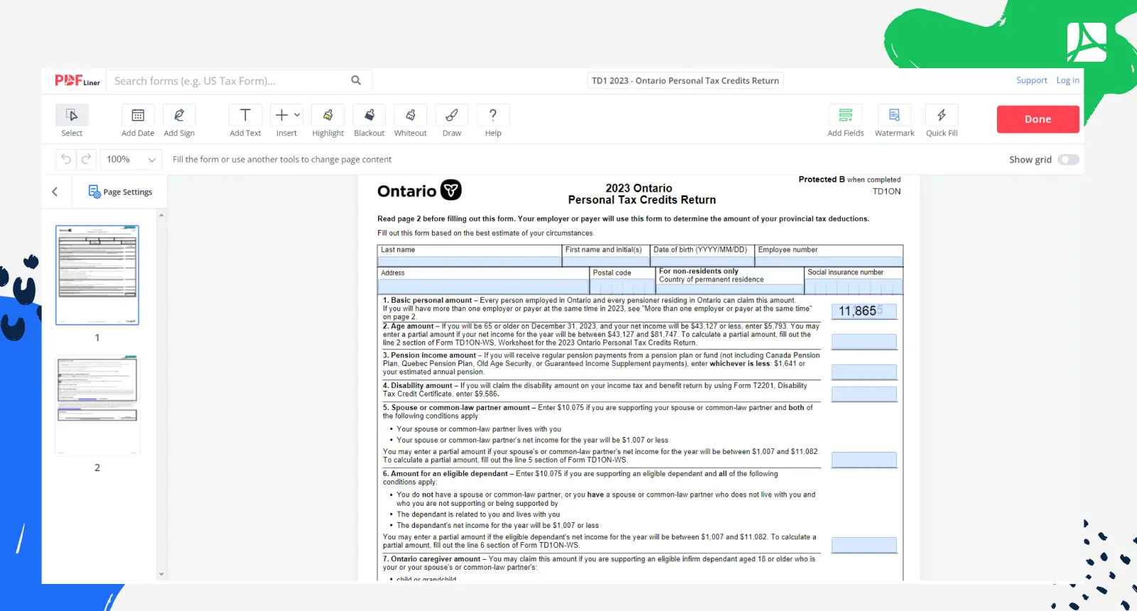 TD1 Form 2023 Ontario Personal Tax Credits Return PDFliner