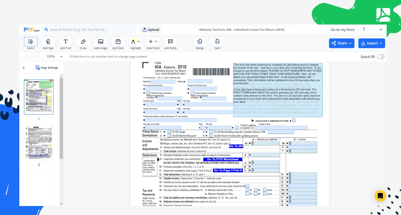 Alabama Tax Form 40A Screenshot