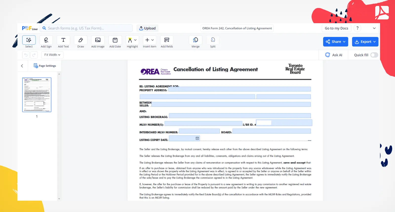 OREA Form 242, Cancellation of Listing Agreement Screenshot