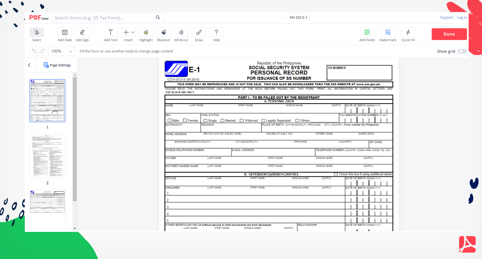 PH SSS E-1 Form Screenshot