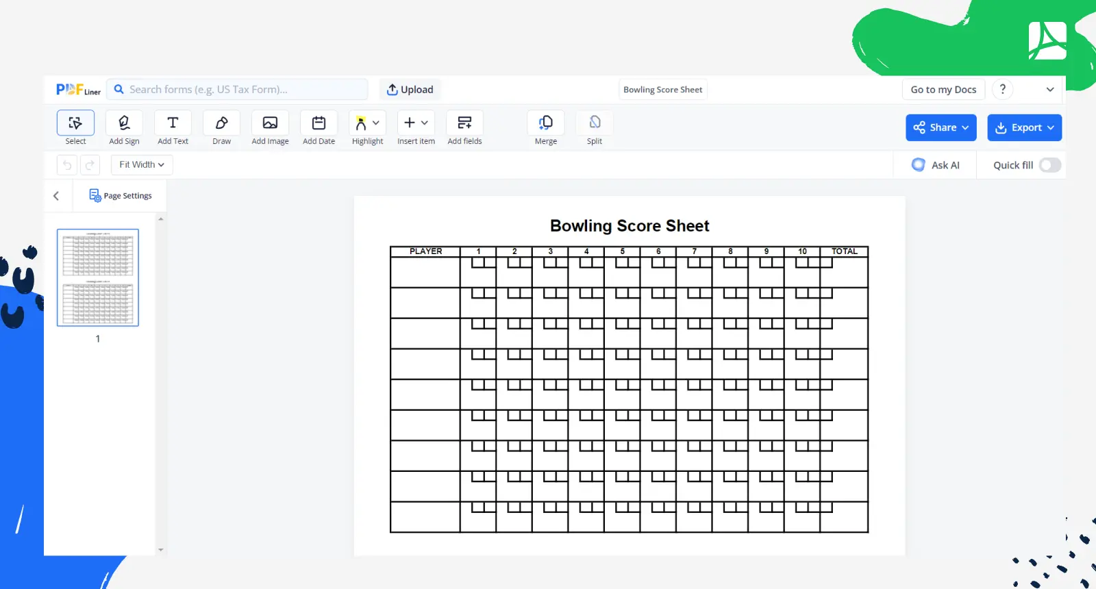Bowling Score Sheet Screenshot