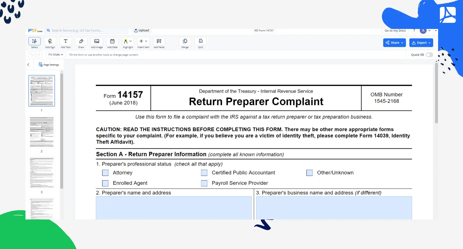 IRS Form 14157 screenshot