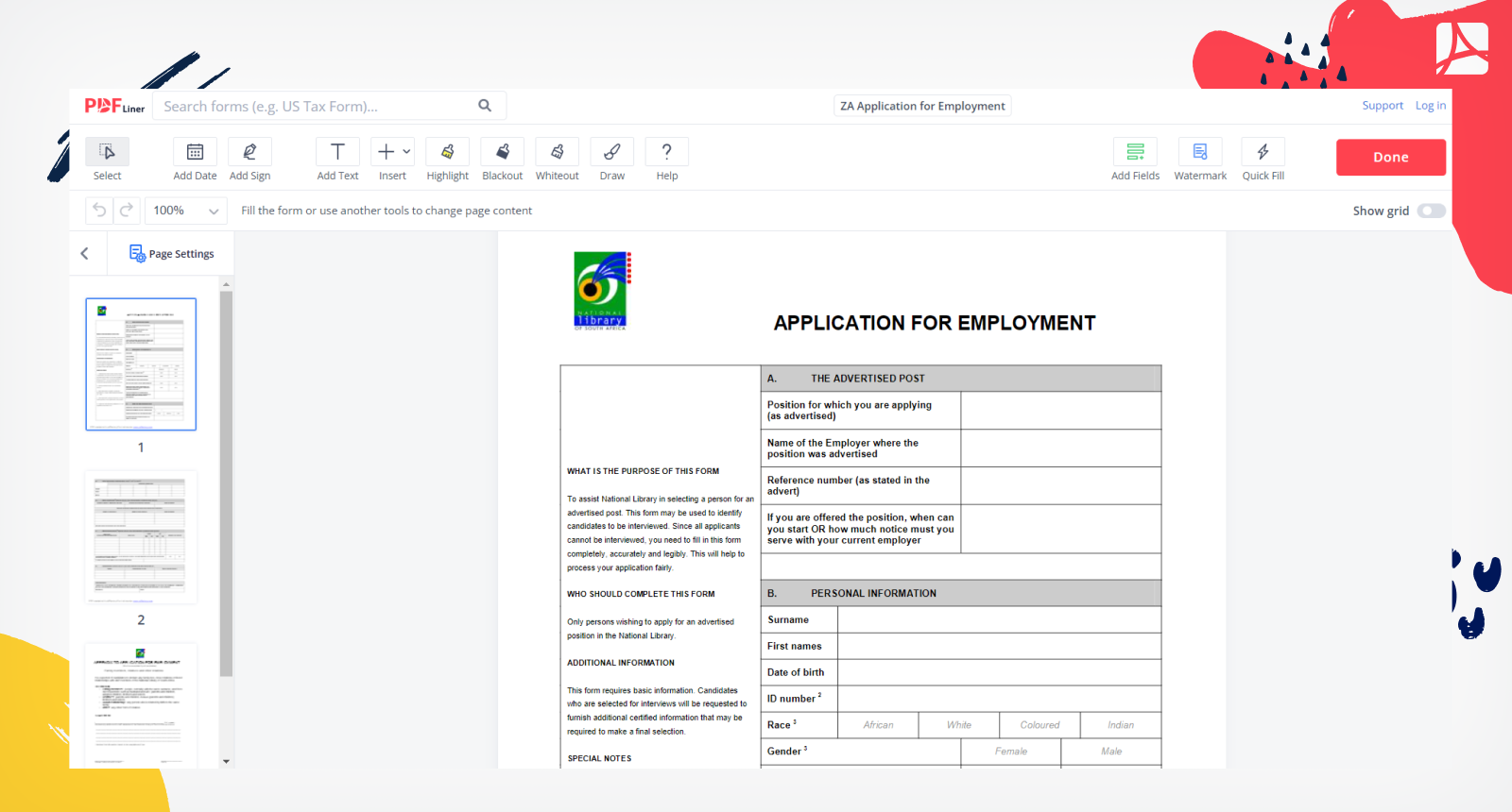 ZA Application for Employment Form Screenshot
