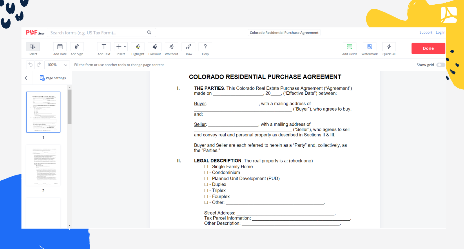Colorado Residential Purchase Agreement Form Screenshot