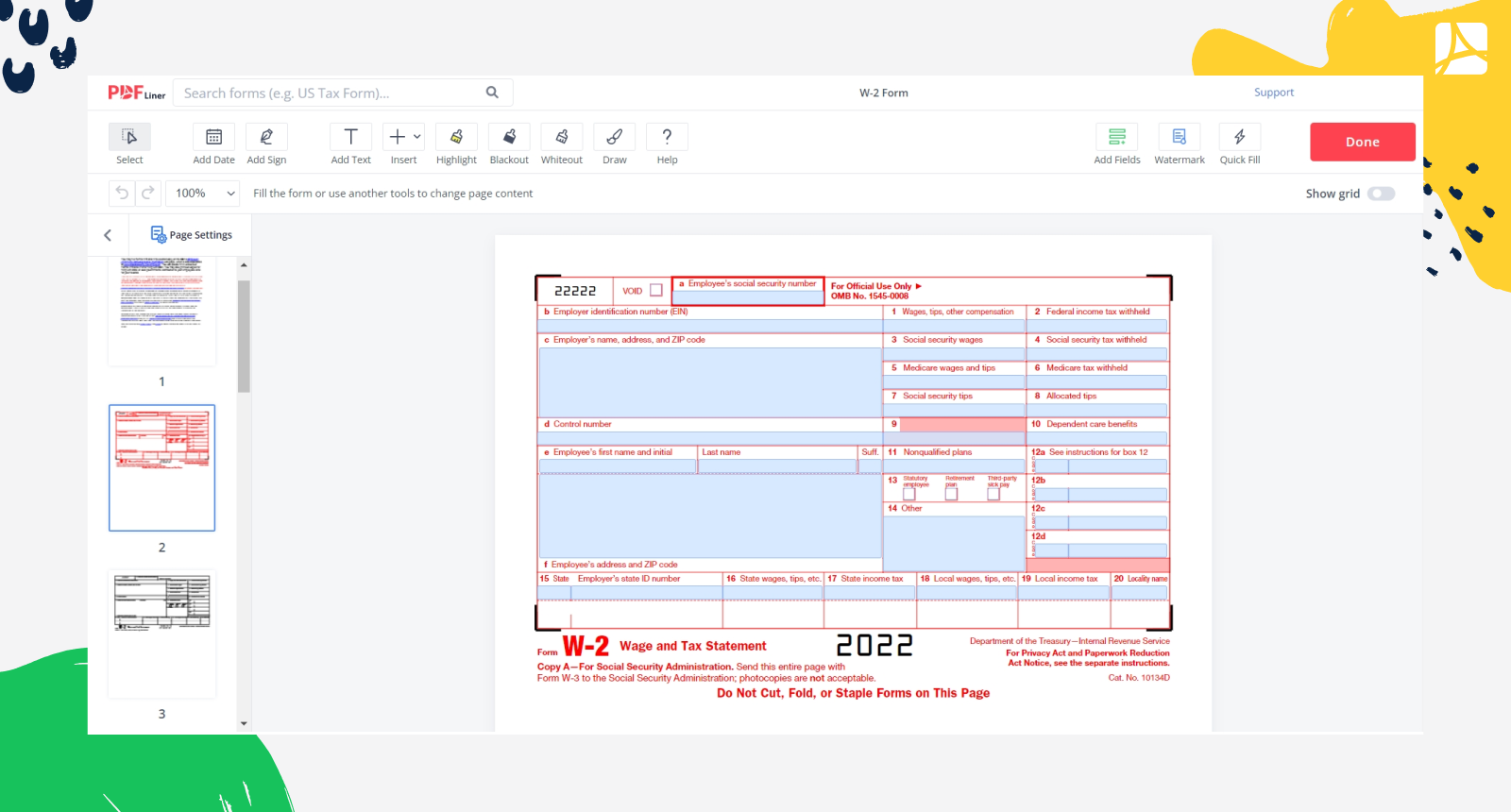 W-2 form in PDFLiner editor