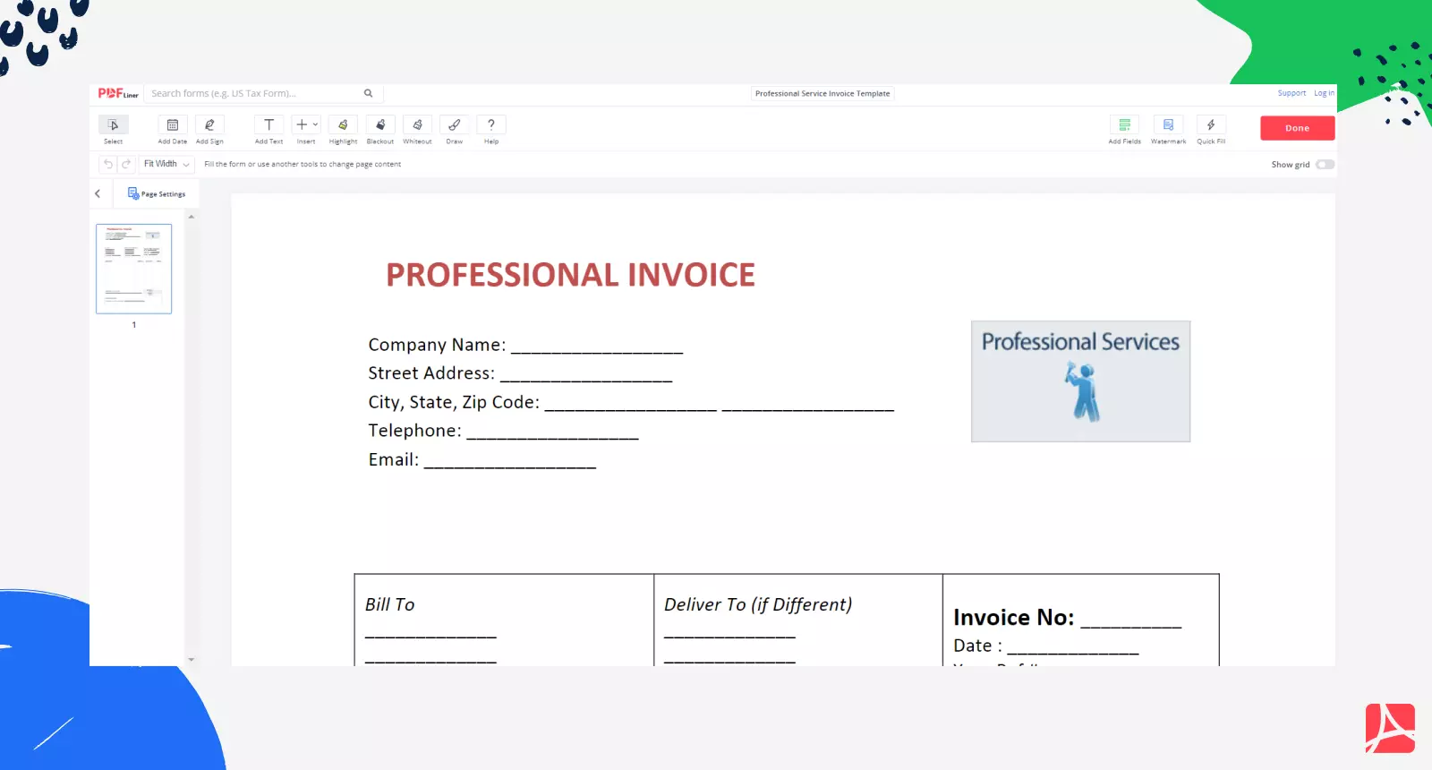 Professional Service Invoice Template on PDFLiner