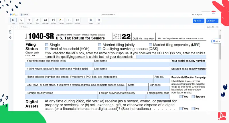 Form 1040-SR (2022) PDFLiner screenshot 