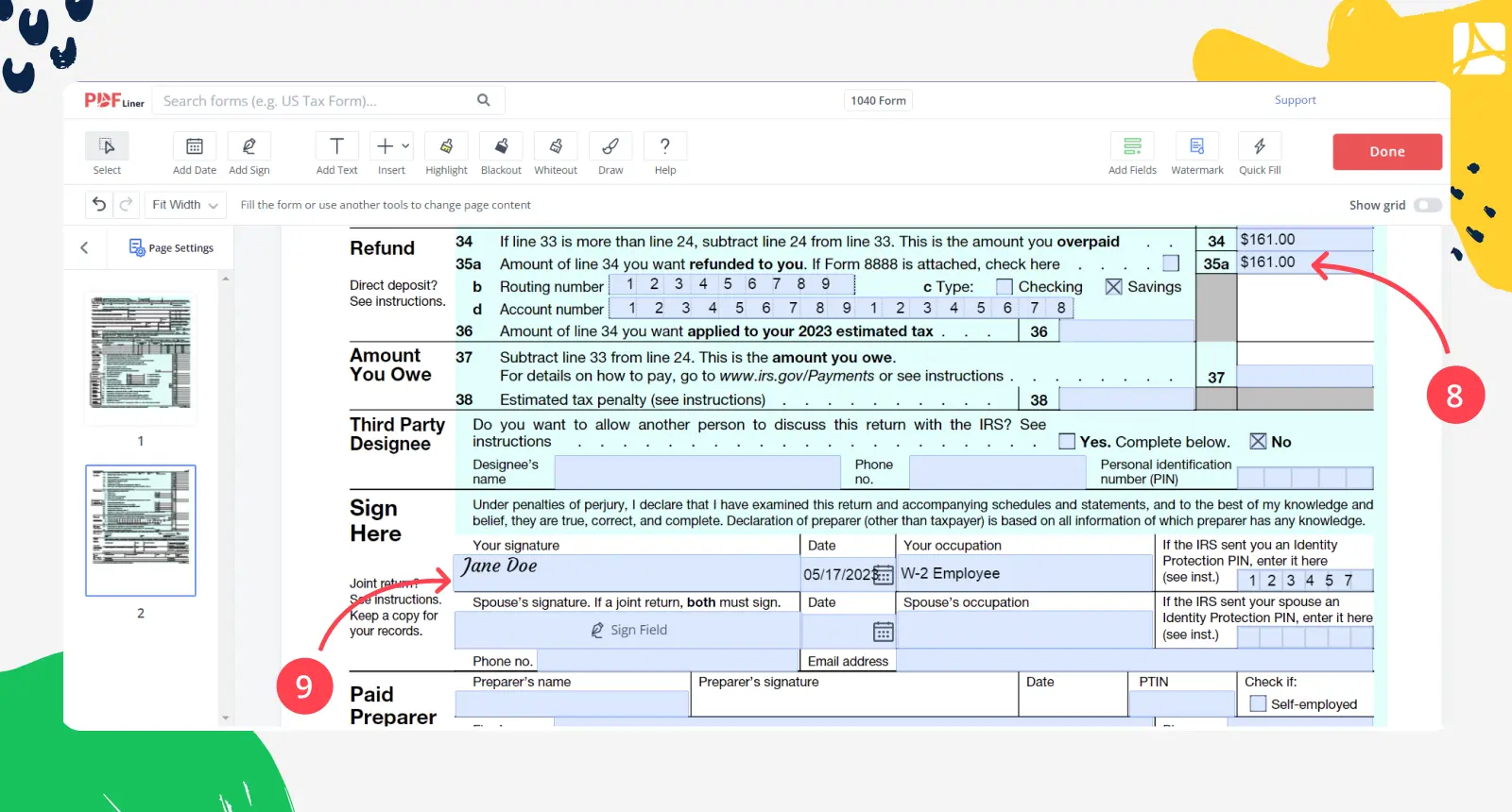 filling out form 1040 example steps 8 and 9