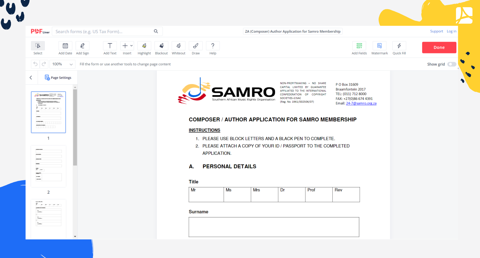 ZA (Composer) Author Application for Samro Membership Form Screenshot