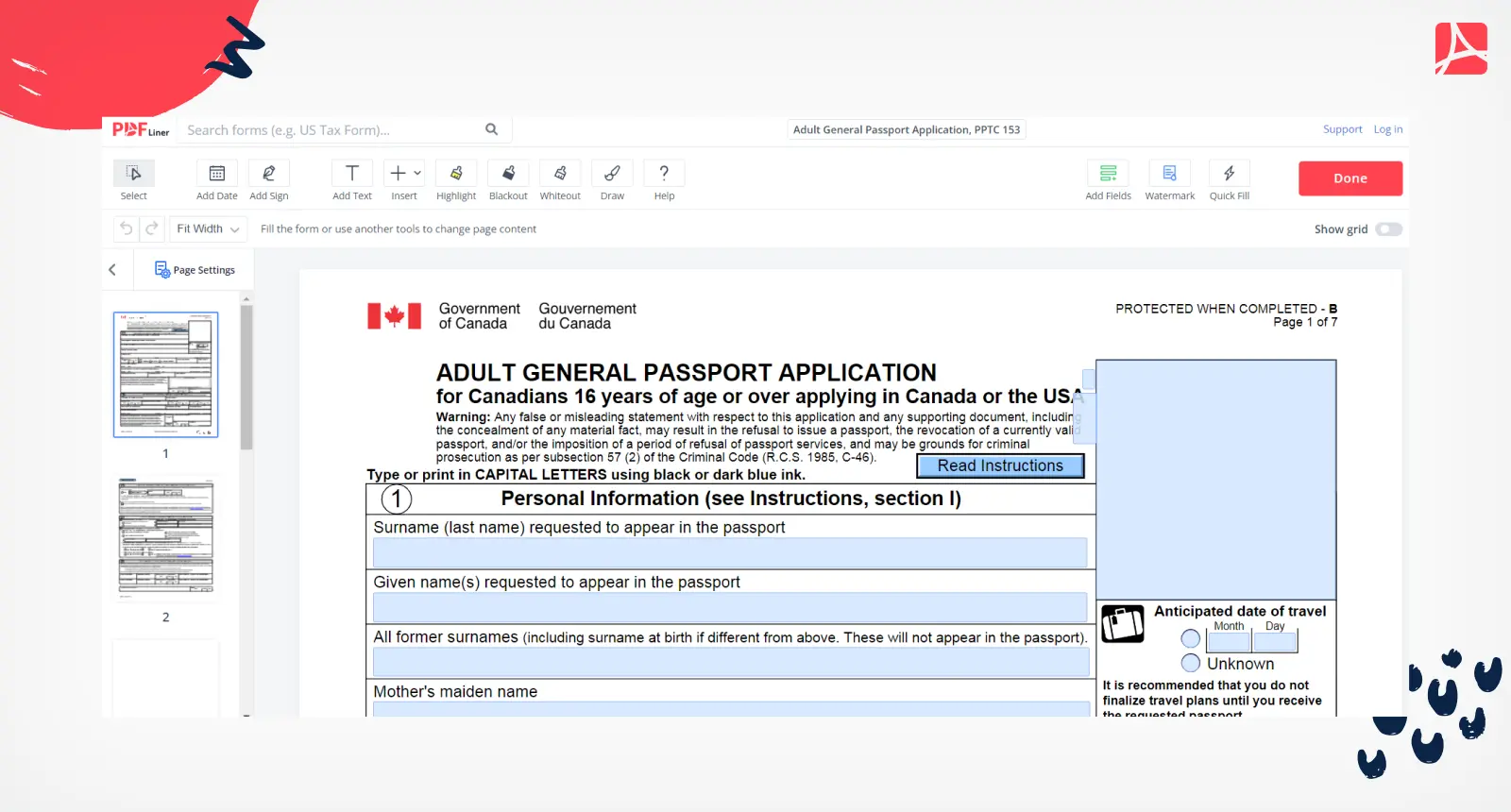 Adult General Passport Application, PPTC 153 on PDFLiner
