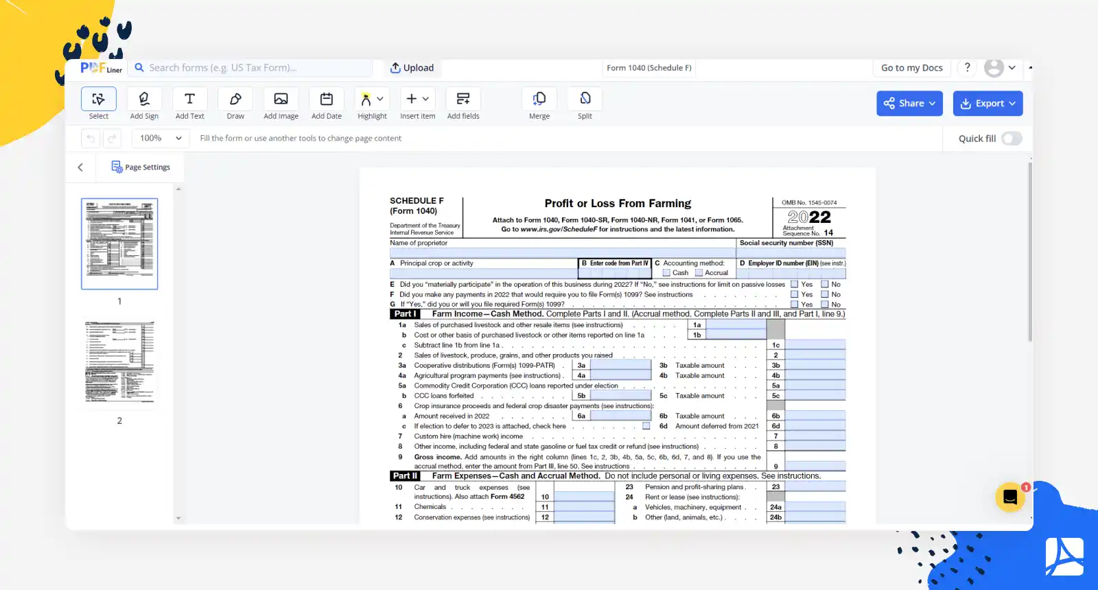 Fillable Form 1040 (Schedule F), sign form online PDFliner