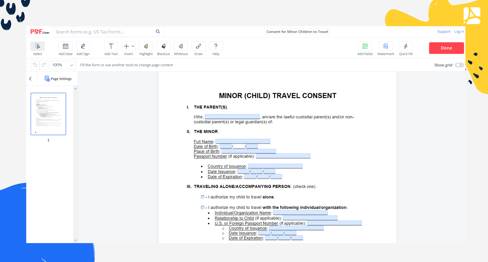 Consent for Minor Children to Travel Form Screenshot