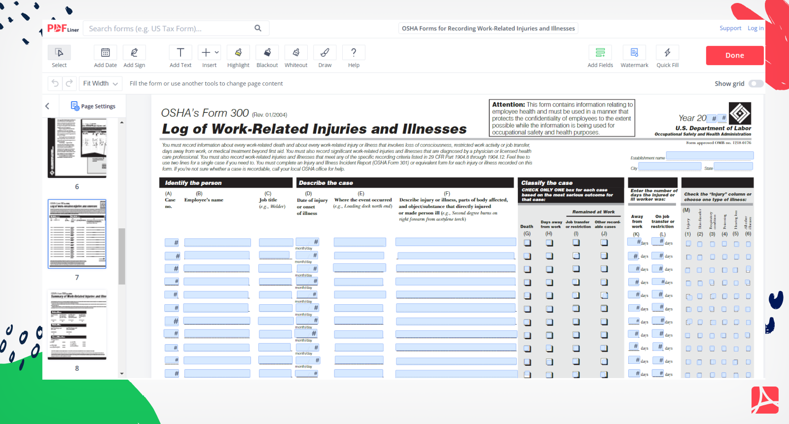 OSHA Forms for Recording Work-Related Injuries and Illnesses Form Screenshot