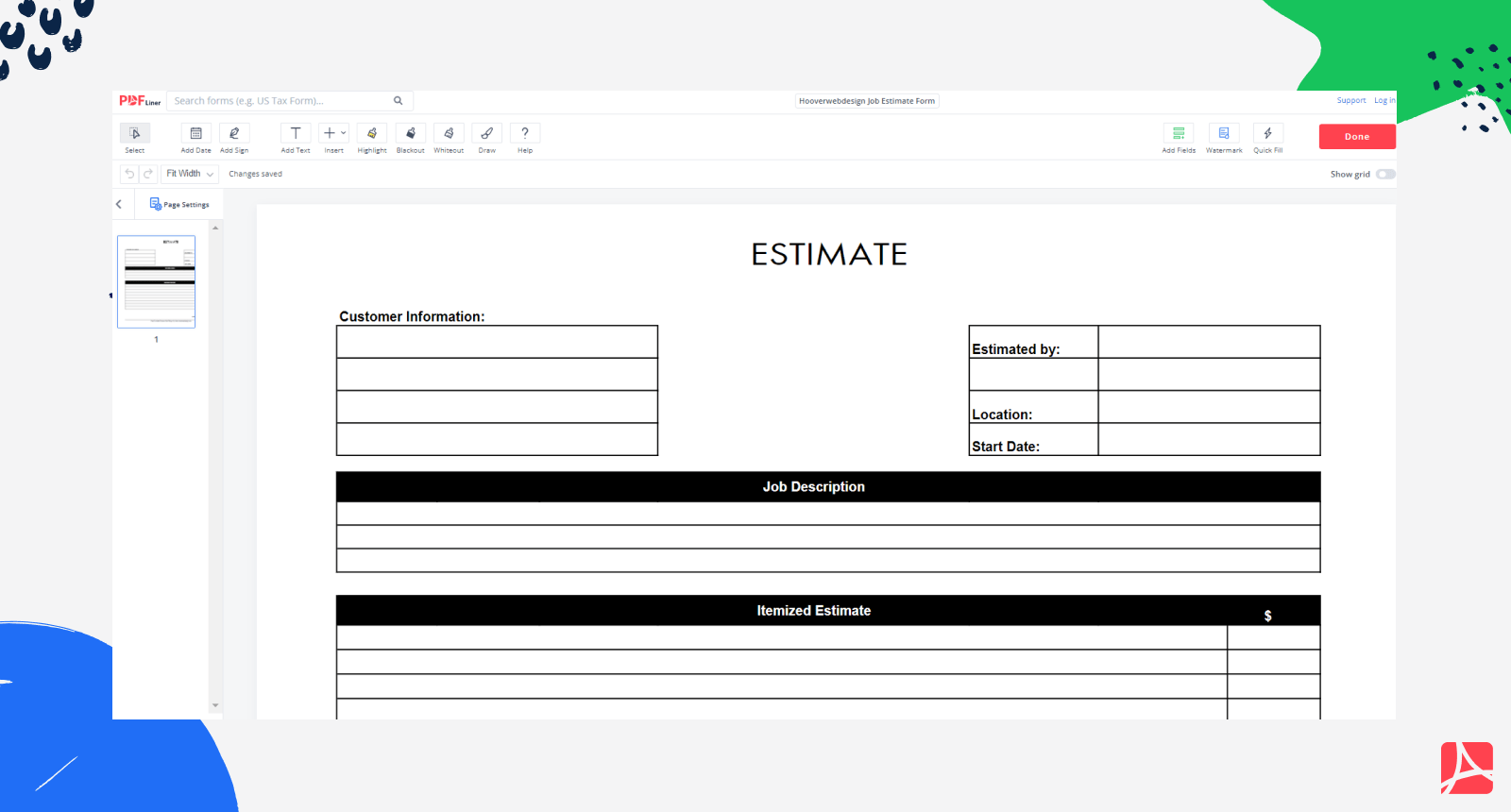 Job Estimate Form on PDFLiner