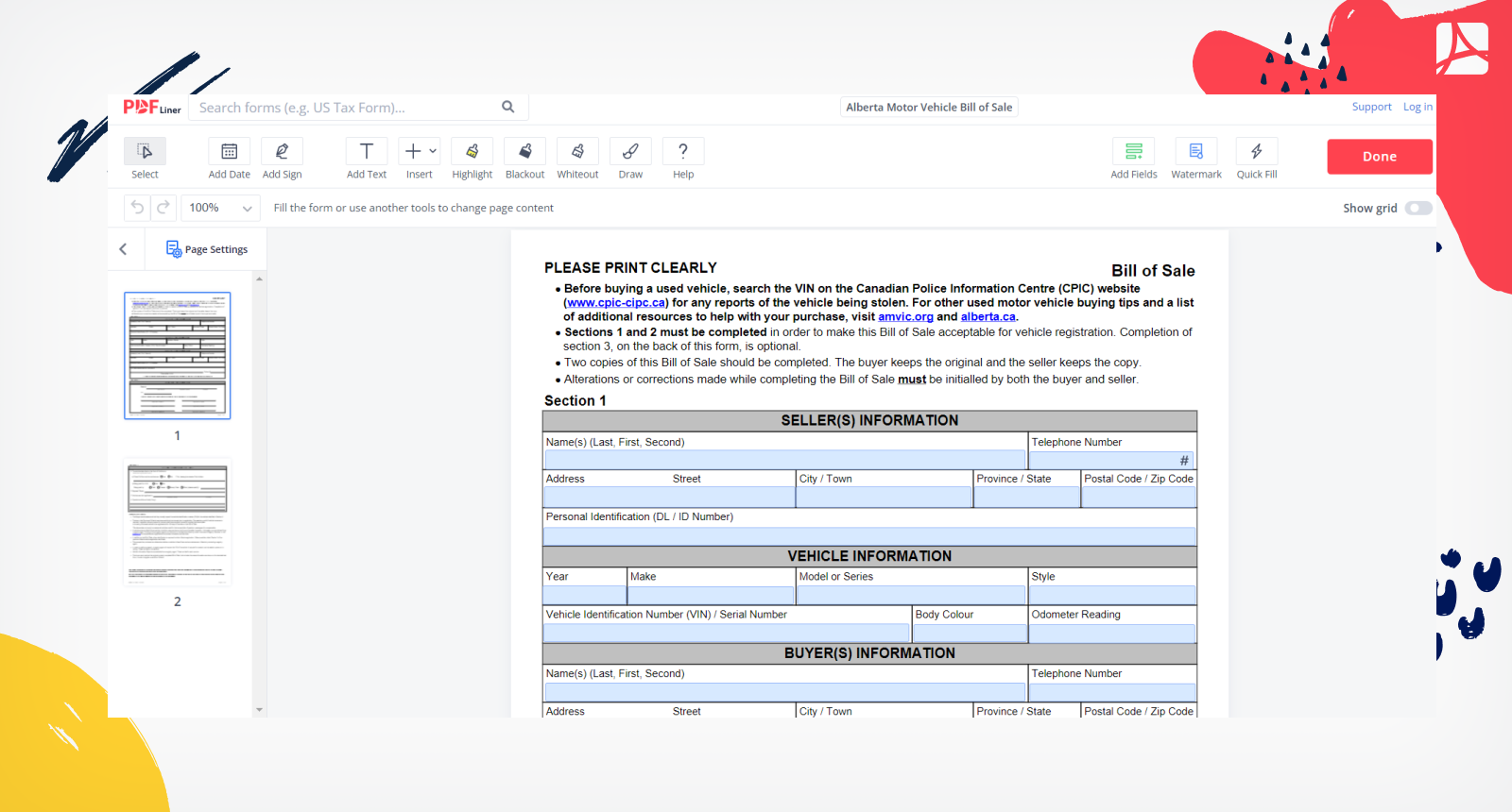 Alberta Motor Vehicle Bill of Sale blank, sign forms online — PDFliner