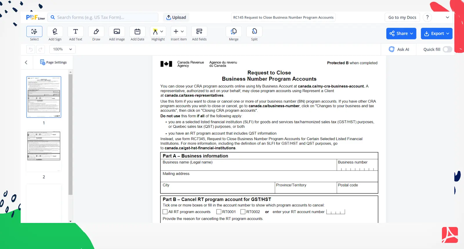 RC145 Request to Close Business Number Program Accounts Screenshot
