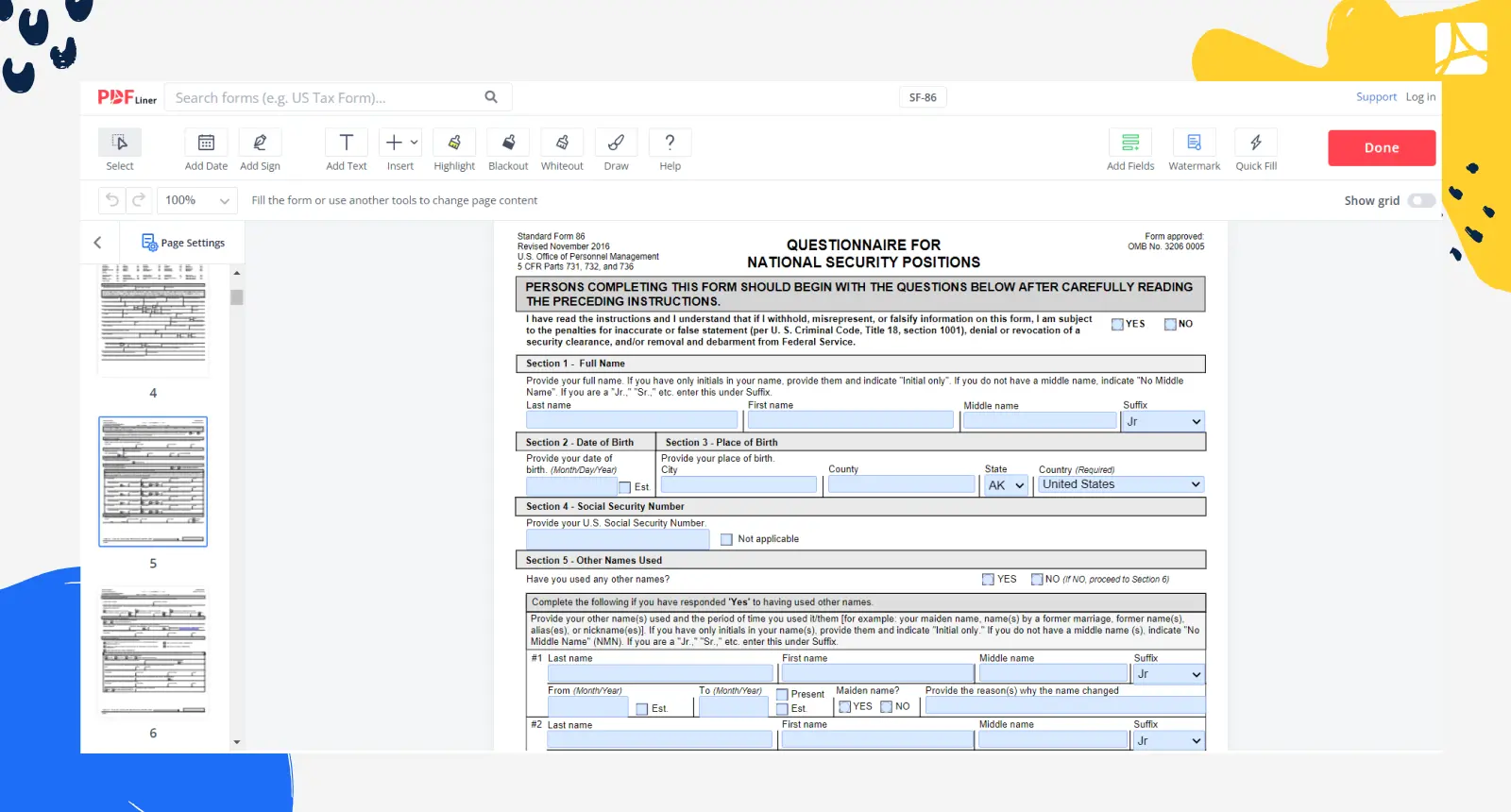 Form SF-86: Printable Form SF-86 blank, sign forms online — PDFliner
