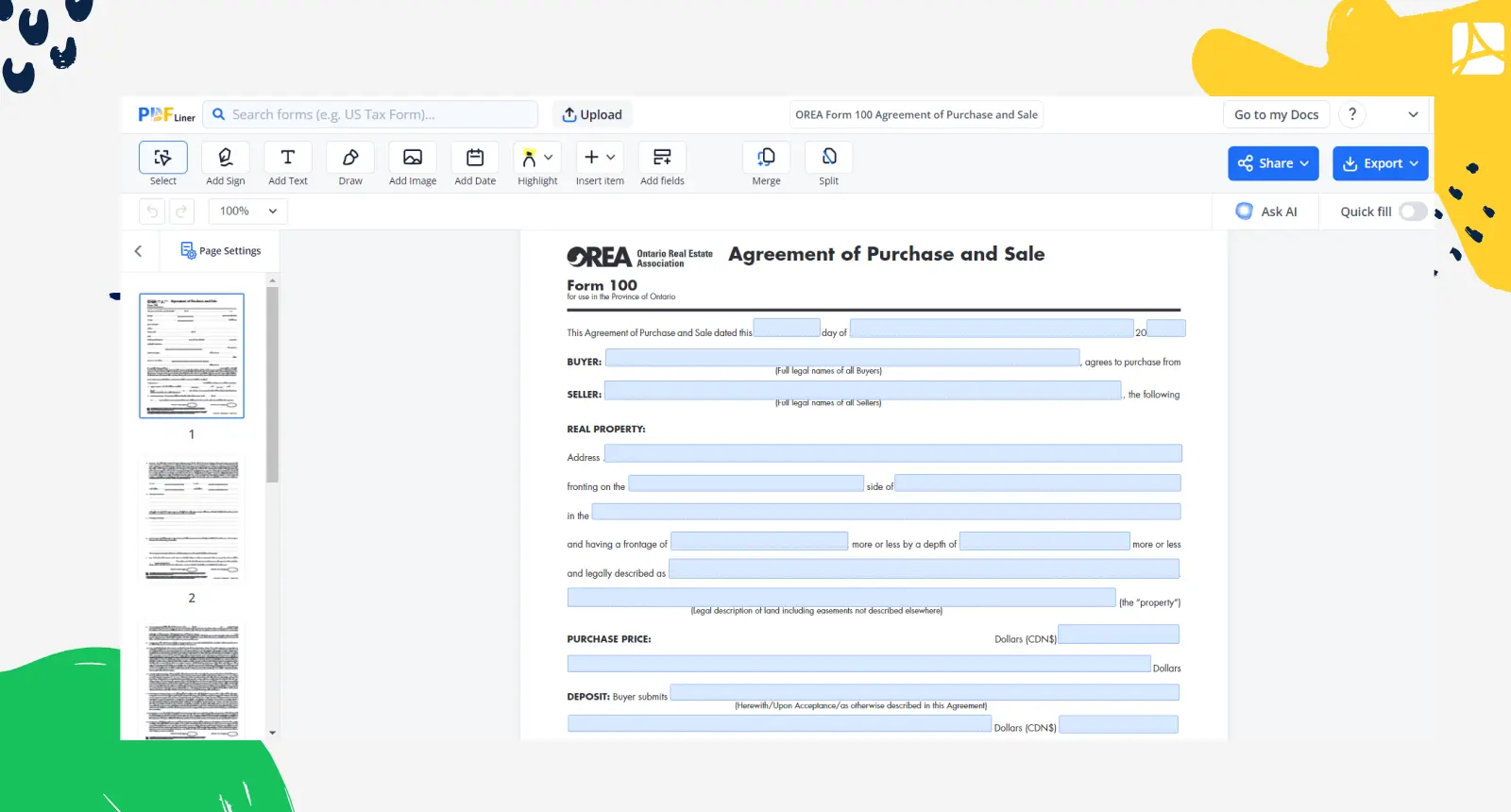 OREA form 100 in PDFLiner editor