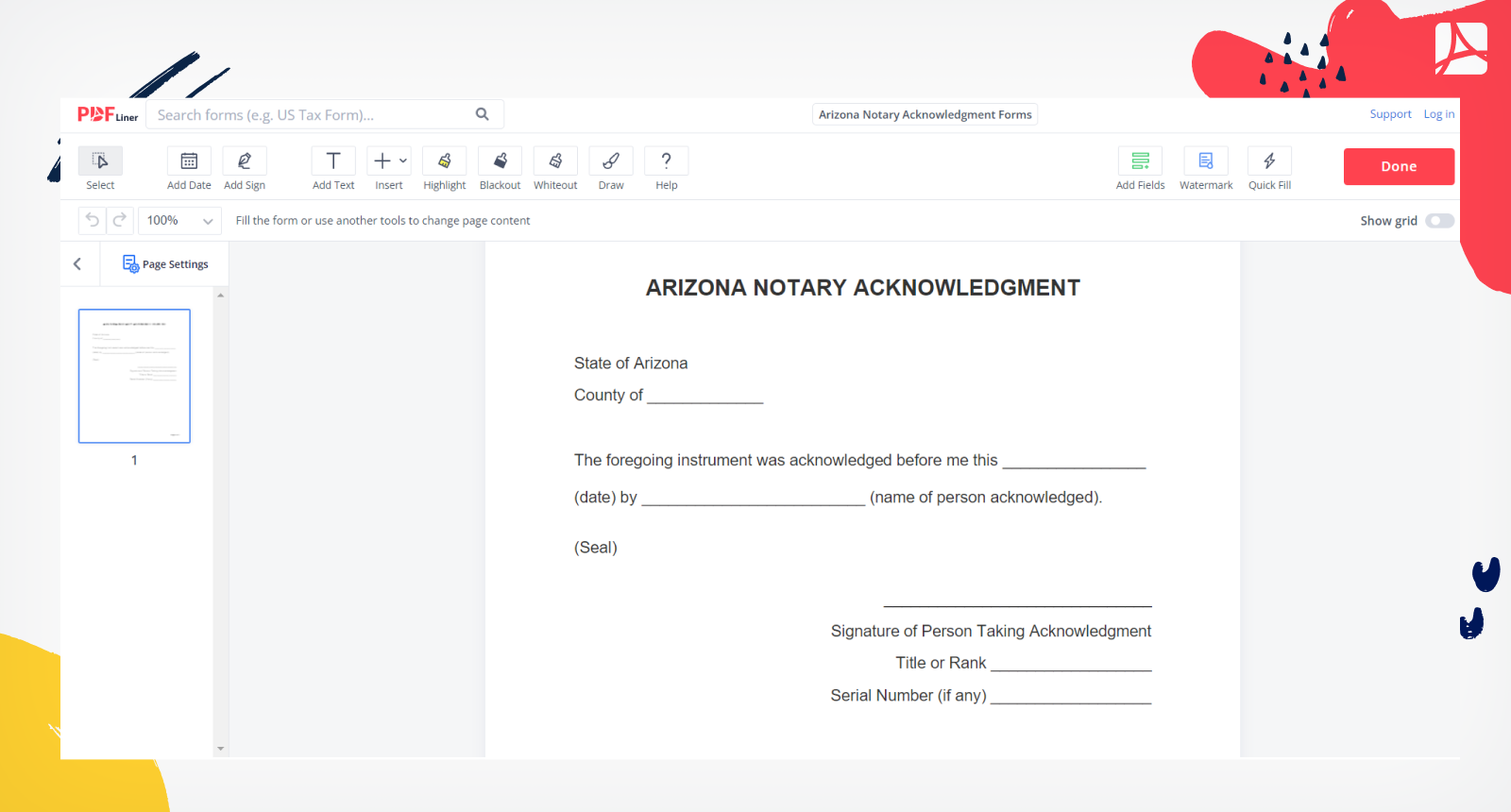 Arizona Notary Acknowledgment Form Screenshot