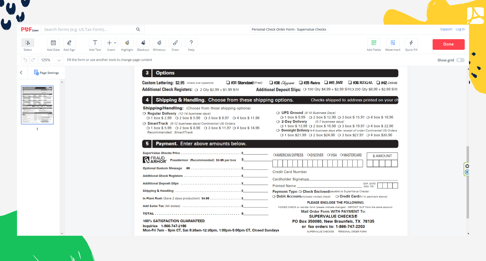 Filling Personal Check Order Form on PDFLiner