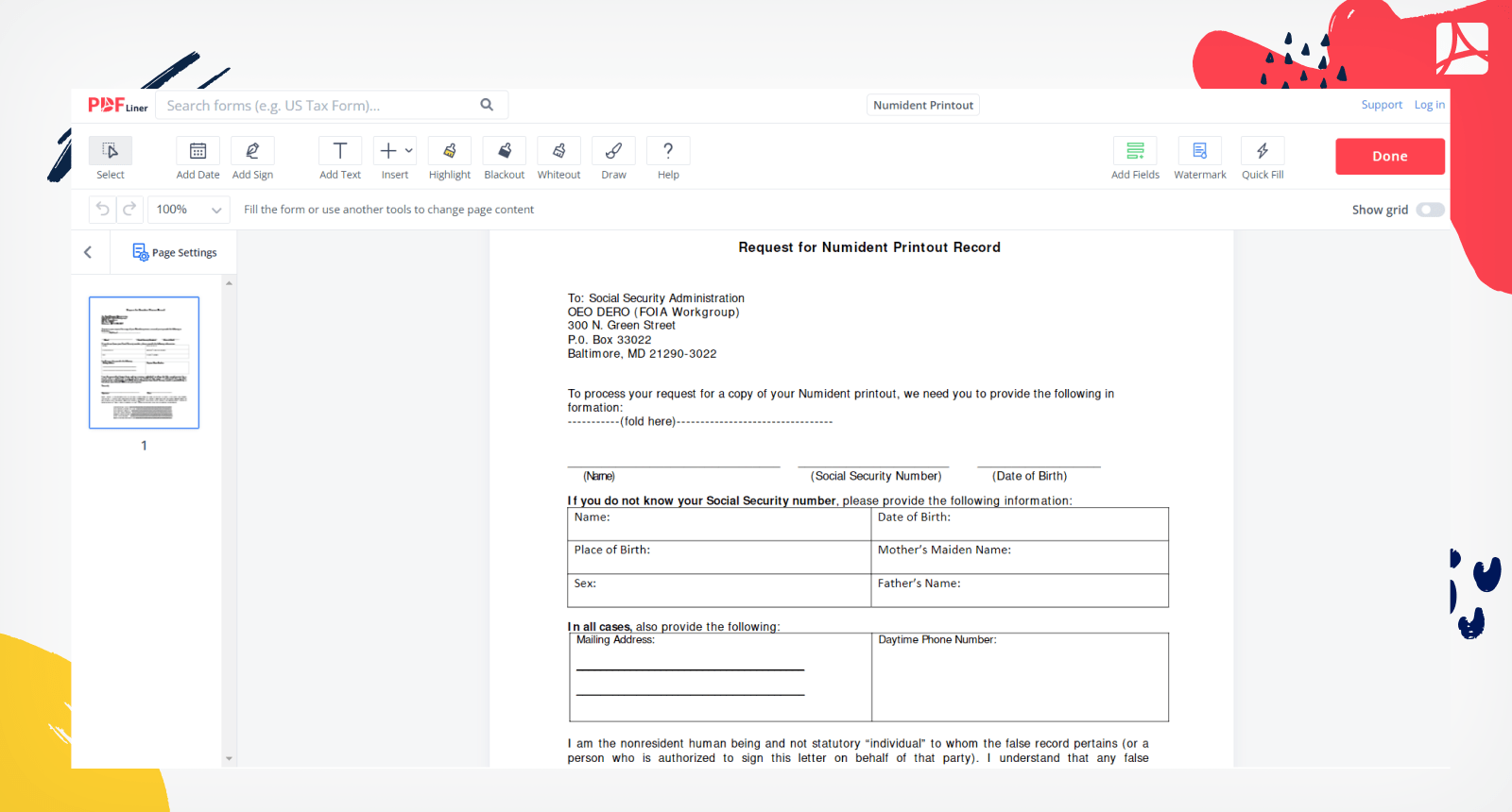 Numident Printout Form Screenshot
