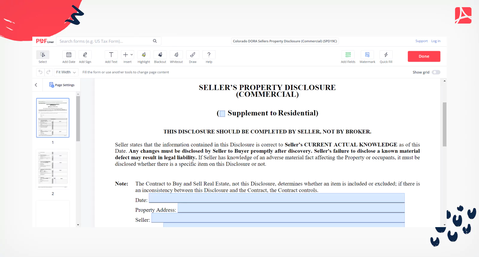 Colorado DORA Sellers Property Disclosure (Commercial) (SPD19C) on PDFLiner