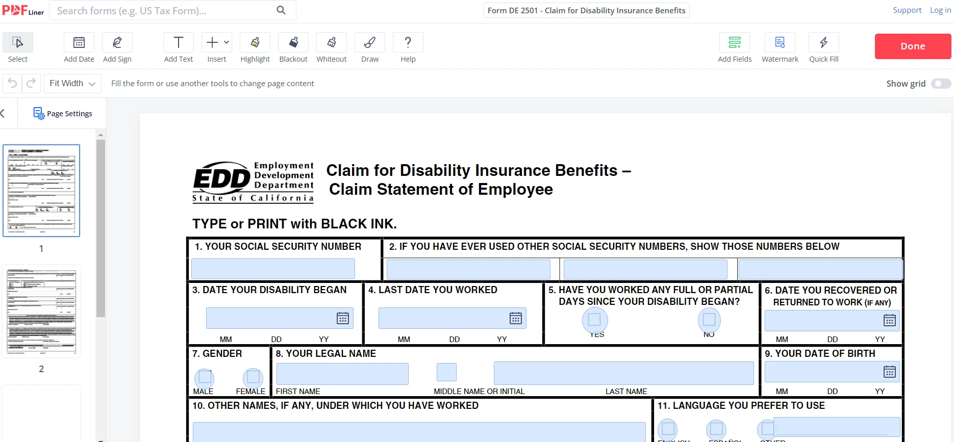 Form DE 2501 - Claim for Disability Insurance Benefits on PDFLiner