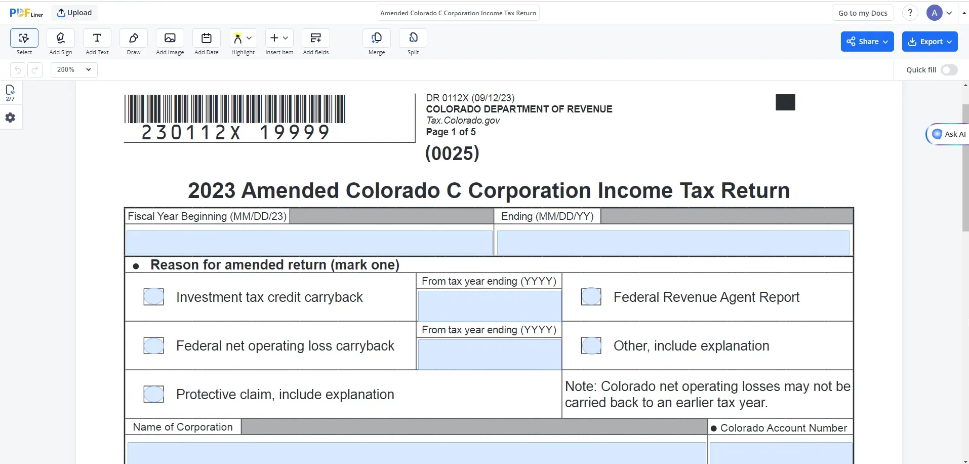 Amended Colorado C Corporation Income Tax Return PDFLiner screenshot 