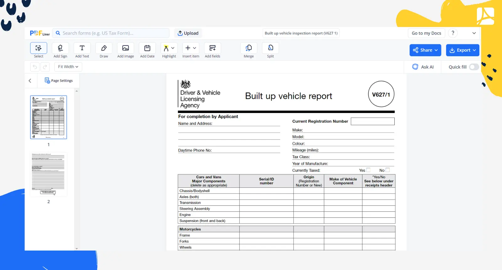 Built up vehicle inspection report (V627 1) Screenshot