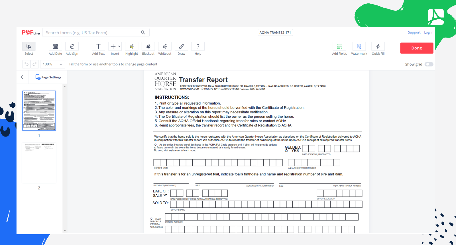 AQHA Transfer Form Printable PDF Blank Sign Online PDFliner