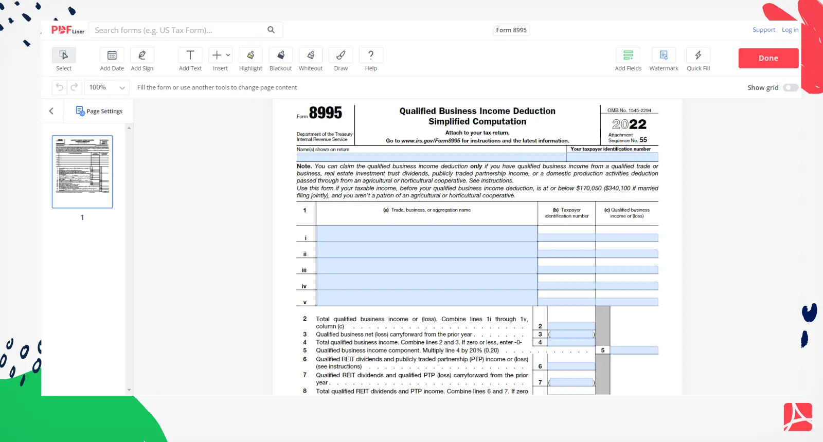 IRS Form 8995 Printable Form 8995 blank, sign form online — PDFliner